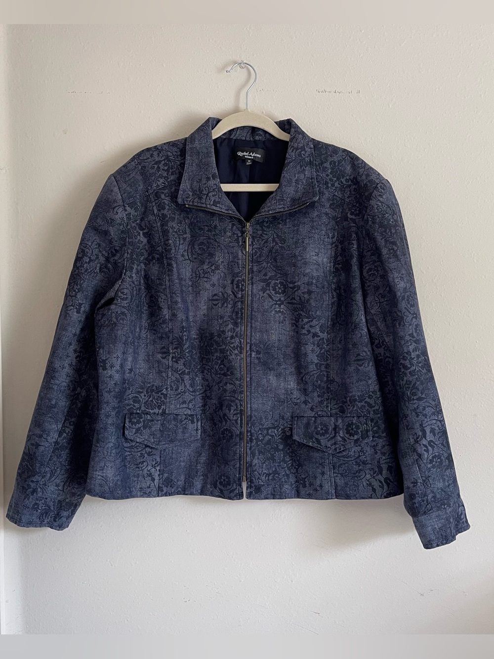 Floral-Textured Navy Jean Jacket with Zip Front